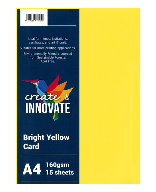 CARD A4 160GSM YELLOW CREATE & INNOCATE 250 PACK