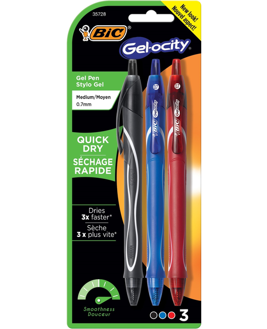 BIC Gelocity Quick Dry Retractable Gel Pen Assorted 3PK