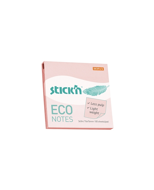 STICK'N ECO NOTES PINK PASTEL 76MMX76MM 100 SHEETS