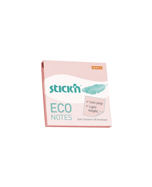 STICK'N ECO NOTES PINK PASTEL 76MMX76MM 100 SHEETS