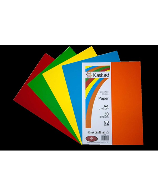 KASKAD COLOURED PAPER A4 ASSORTED BRIGHTS 30 SHEETS 80 GSM