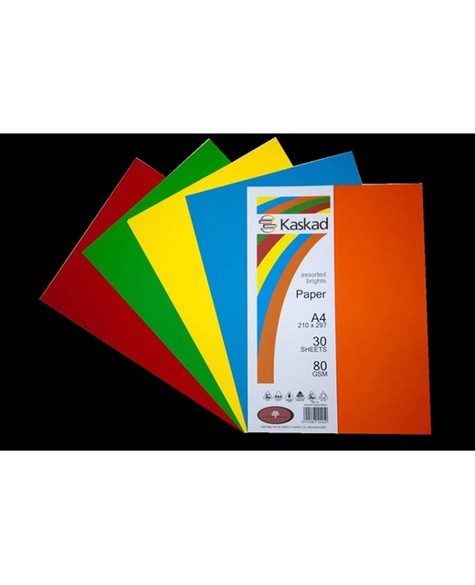 KASKAD COLOURED PAPER A4 ASSORTED BRIGHTS 30 SHEETS 80 GSM