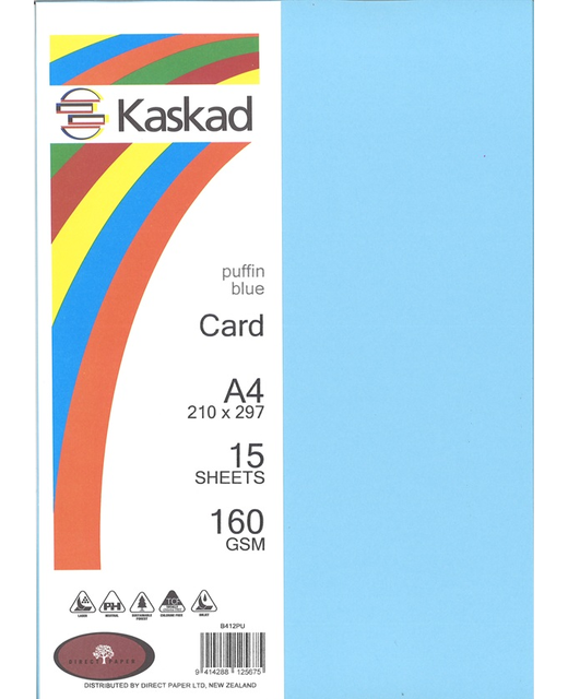 KASKAD A4 COLOURED CARD puffin BLUE 15 SHEETS 160 GSM 