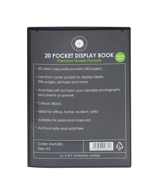 DISPLAY BOOK A3 20 POCKET BLACK INSERT COVER
