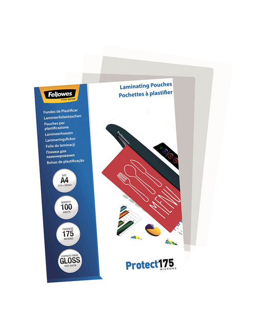 FELLOWES LAMINATING POUCHES A4 GLOSS 175 MICRON PACK OF 100