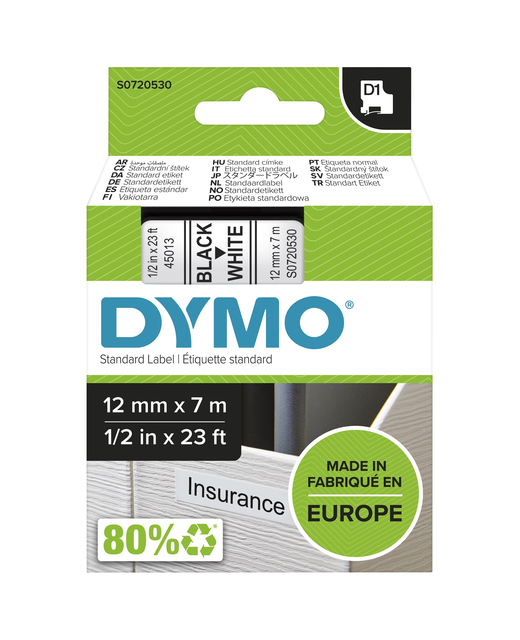 DYMO D1 LABEL TAPE BLACK- WHITE 12mmx 7m