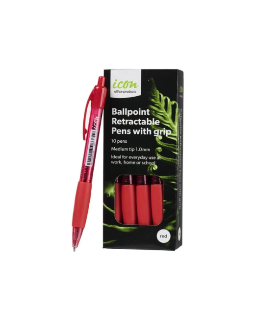 PEN ICON BALLPOINT RETRACTABLE WITH GRIP RED 10 PACK