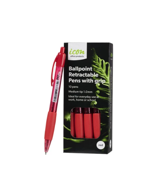 PEN ICON BALLPOINT RETRACTABLE WITH GRIP RED 10 PACK