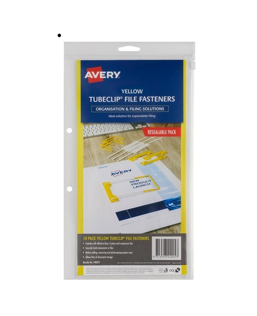 FILE CLIP AVERY FASTENER YELLOW PACK OF 10