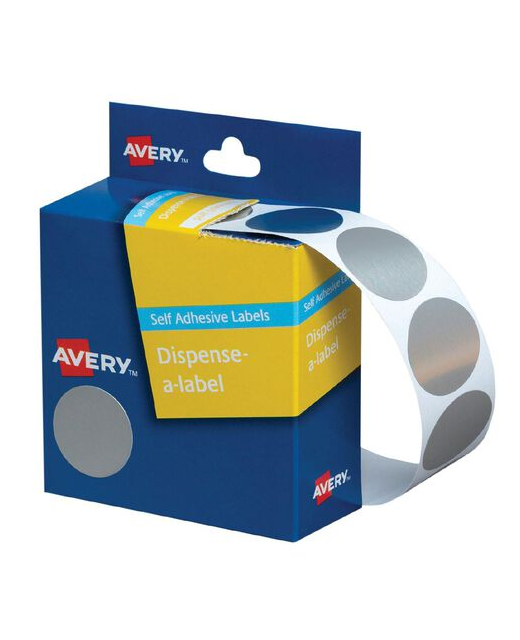 LABEL DISP AVERY DOTS 24MM SILVER PK 250