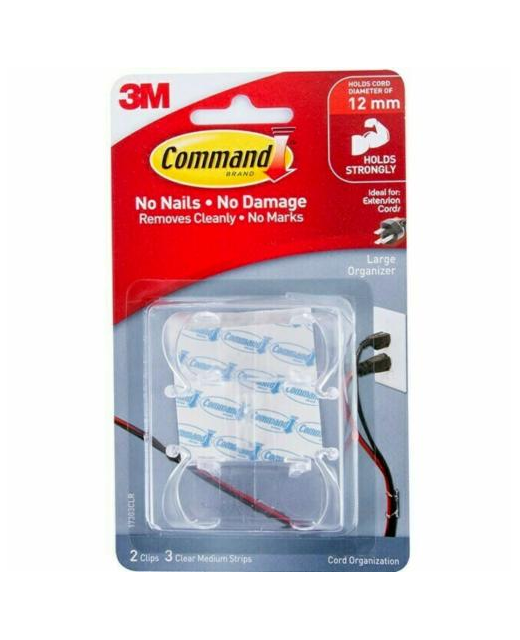 COMMAND CLEAR LARGE CORD CLIPS, 2 CLIPS, 3 STRIPS / PACK