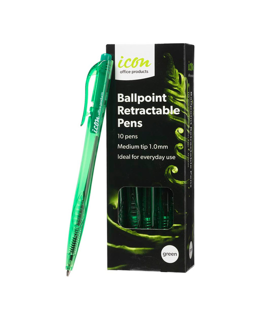 PEN ICON BALLPOINT RETRACTABLE GREEN 1.0MM 10 PACK