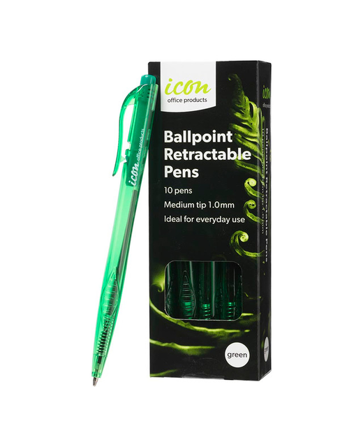 PEN ICON BALLPOINT RETRACTABLE GREEN 1.0MM 10 PACK