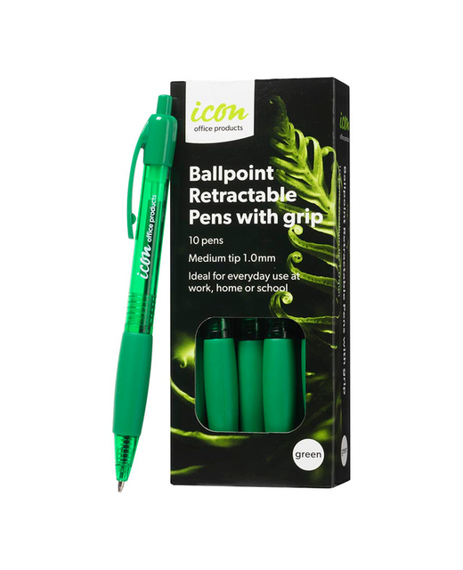 PEN ICON BALLPOINT RETRACTABLE GRIP GREEN 10 PACK