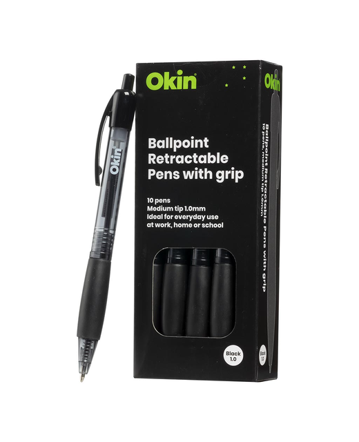 OKIN BALLPOINT RETRACTABLE PEN WITH GRIP BLACK 10 PACK