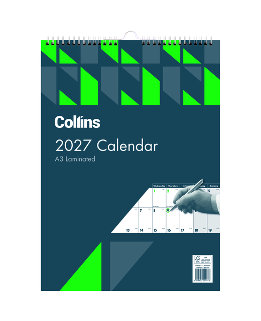 CALENDAR 2027 COLLINS A3 MONTH TO VIEW LAMINATED WIRO