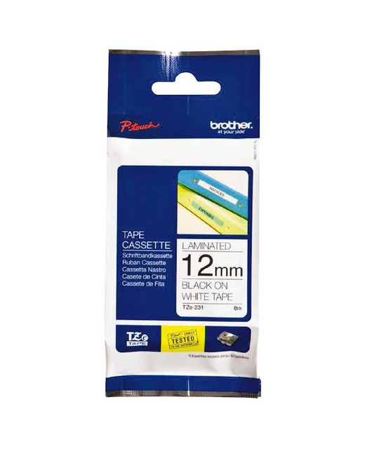 LABEL BROTHER PTOUCH TZE231 12MM BLACK ON WHITE TAPE LAMINATED