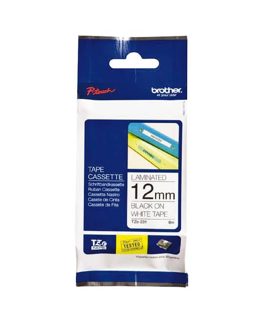 LABEL BROTHER PTOUCH TZE231 12MM BLACK ON WHITE TAPE LAMINATED