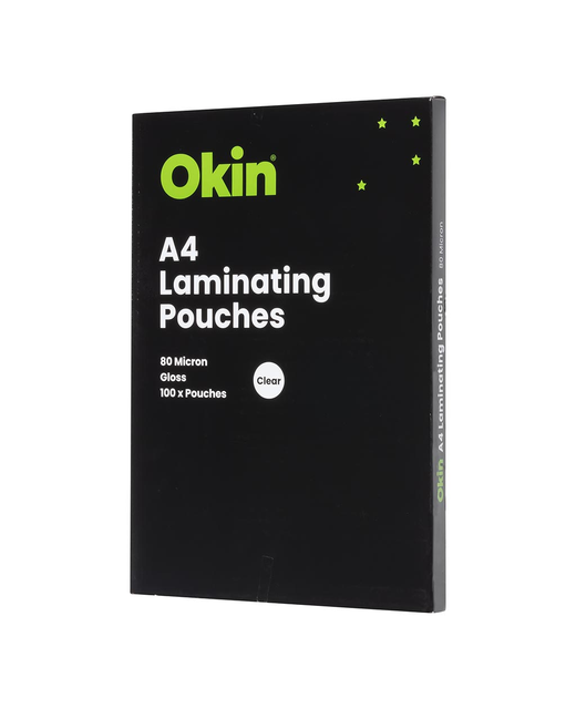 OKIN LAMINATING POUCHES A4 GLOSS 80MIC PACK OF 100