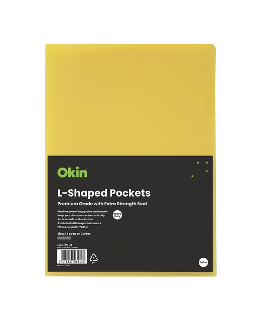 OKIN L SHAPED POCKETS A4 YELLOW PACK OF 12