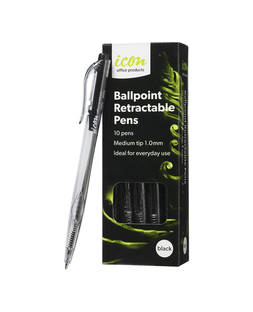PEN BALLPOINT RETRACTABLE ICON BLACK 1.0MM 10 PACK