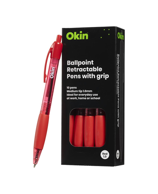 OKIN BALLPOINT RETRACTABLE PEN WITH GRIP RED 10 PACK