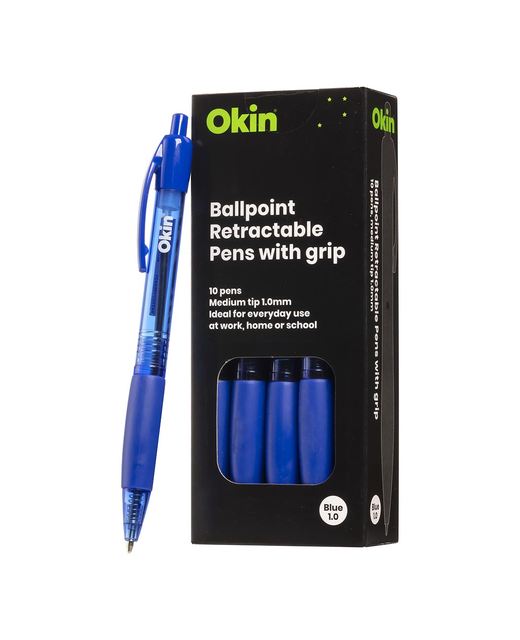 OKIN BALLPOINT RETRACTABLE PEN WITH GRIP BLUE 10 PACK