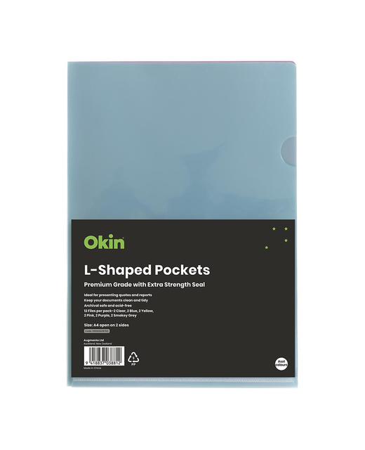 OKIN L SHAPED POCKETS A4 ASSORTED PACK OF 12