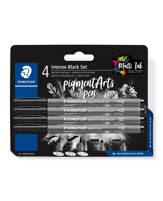 Pigment Arts Brush Pen Intense Black Staedtler Assorted Nibs Pack of 4