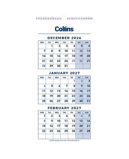 CALENDAR 2027 COLLINS 3 MONTHS TO VIEW