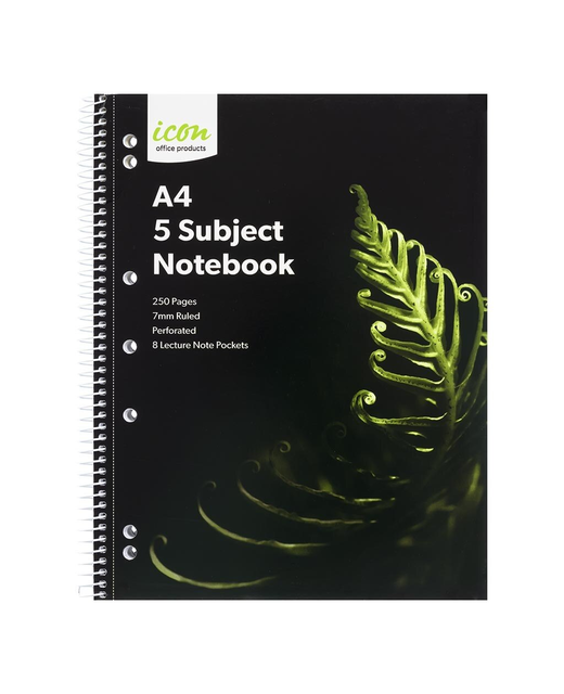 SUBJECT NOTEBOOK 5 ICON SPIRAL A4 SOFT COVER 250Pgs