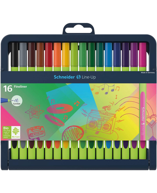 Schneider Fineliner Line-Up 0.4mm Assorted Colours Pens with Pencil Case Stand - Set of 16