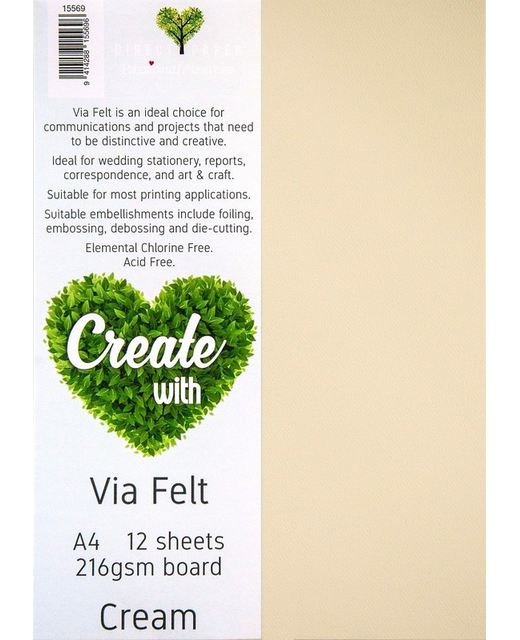 CARDBOARD VIA FELT 216GSM A4 12PACK CREAM