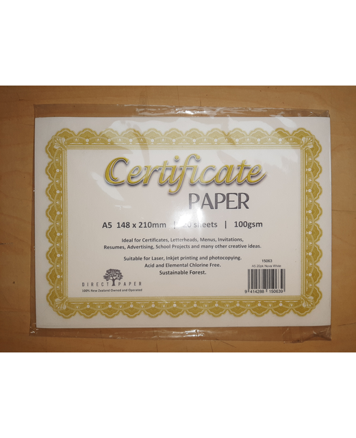 CERTIFICATE PAPER A5 GOLD/NOVAL WHITE 20PK