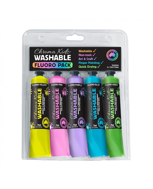 CHROMA KIDZ WASHABLE ACRYLIC FLUORO PAINT 5X75ML SET