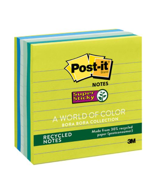 POST IT RECYCLED SUPER STICKY LINED NOTES 675  BORA BORA 6 PACK